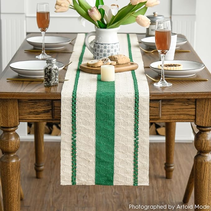 Artoid Mode Dark Green Farmhouse Woven Rustic Table Runner, Seasonal Holiday Hollow Kitchen Dining Table Decoration for Home Party Decor 12x120 Inch