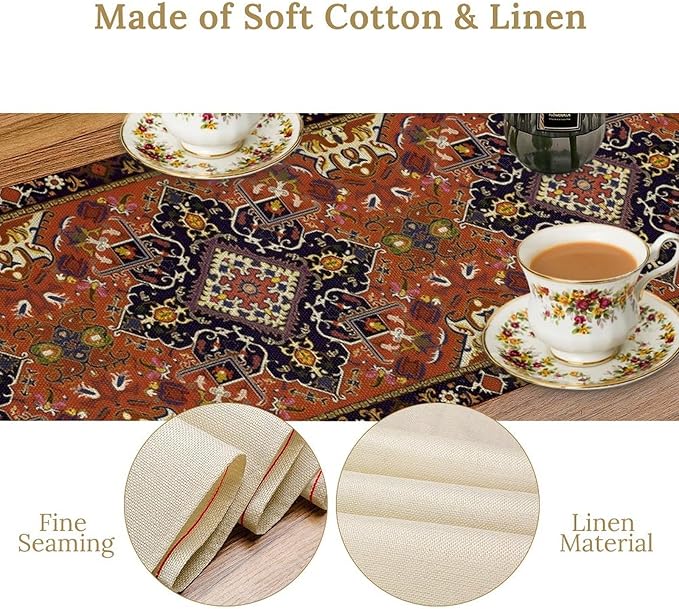 Vintage Boho Orange Table Runner, Country Rustic Farmhouse Magical Abstract Print Pattern for Home Kitchen Table Decor Dining Coffee Room Garden Party Decor 13x120in