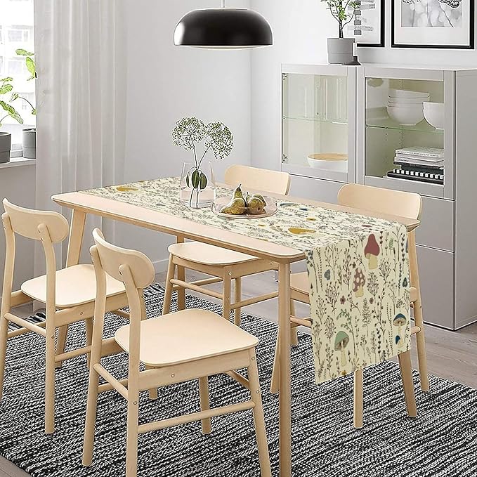 Mushroom Table Runner,Colorful Wild Plants and Fungus Botanical Plants Pattern Print Burlap for Hotel Indoors Outdoor Dining Room Kitchen Holiday Party, 13x60in