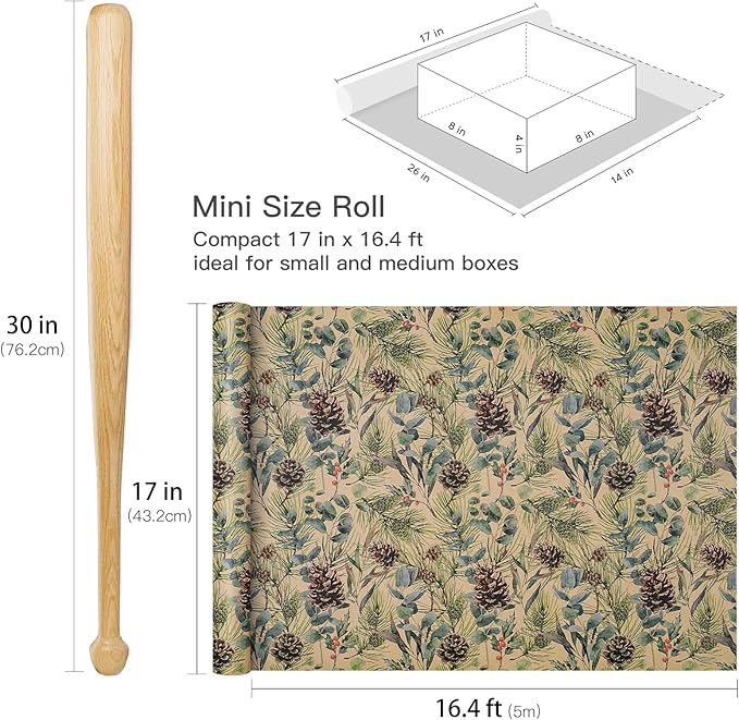 RUSPEPA Kraft Christmas Wrapping Paper Roll, Mini Roll, Watercolor Pinecone and Eucalyptus Leaf Design, Kraft Gift Wrap for Christmas, Winter Holiday Party, Rustic Natural Theme, 17 Inches x 16.4 Feet
