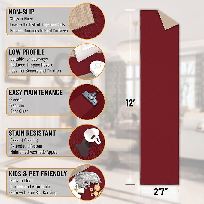 Sweet Home Stores SH Non-Slip Solid Rubberback Indoor Runner Rug for Kitchen, Hallways, Bathroom, Entrance, Bedroom, 2'7" x 12', Red