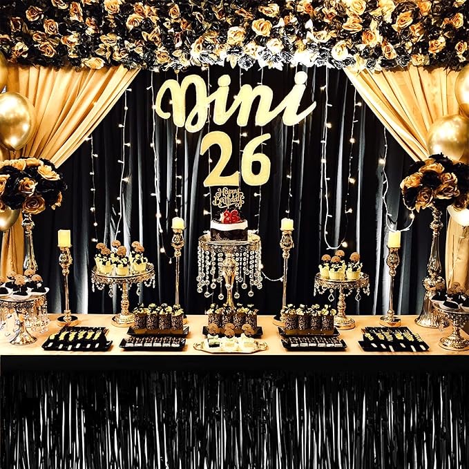 4 Pack 29x108 Inch Metallic Foil Fringe Tinsel Table Skirts for Rectangle Tables Streamer Curtains Backdrop for Halloween, Birthday, Parade Floats, Christmas Party Supplies(Black)