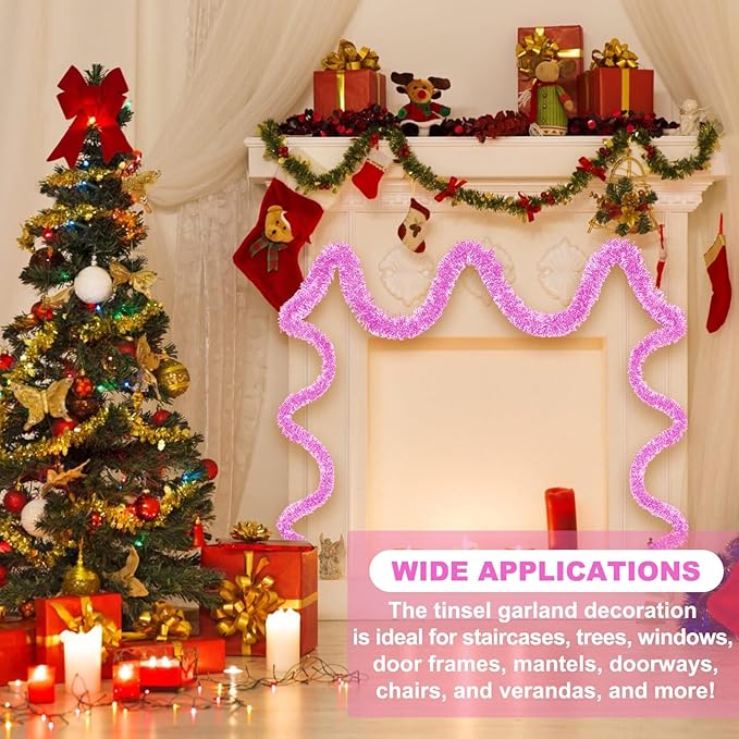 50 Feet Macaron Pink Christmas Tinsel Garland, Metallic Foil Twist Banner Wall Hanging Tinsel Streamers Backdrop for Parade Floats, Christmas, Mother's Day, Birthday Party Decorations(2in x 50ft)