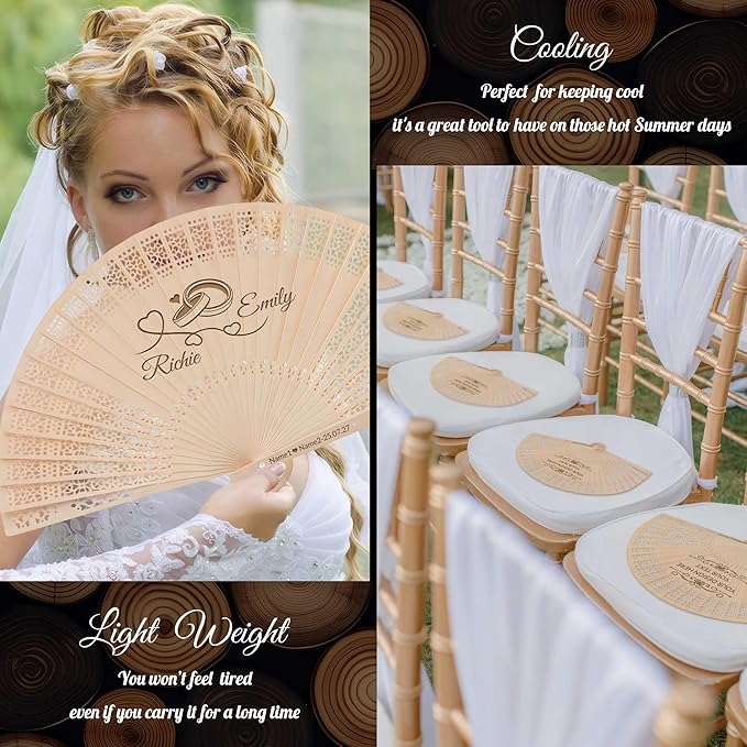 100 PCS Custom Fans Personalized Folding Fans for Line Dancing Wooden Hand Fan Wedding Favors Bulk Fans for Guests Party Event Use (Style01)