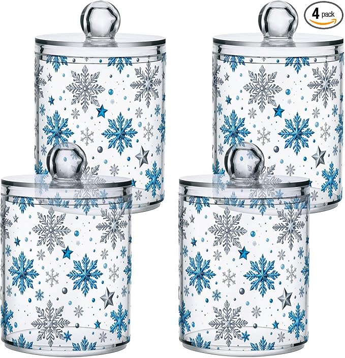 Gredecor Christmas Winter Qtip Holder Dispenser 4 Pack Silver Blue Glitter Snowflakes Apothecary Jars with Lids Bathroom Vanity Countertop Canister Storage Organizer for Cotton Ball,Swabs,Pads,Floss