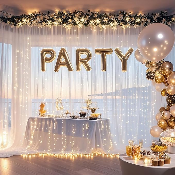 Ledido 10×8ft Tulle Backdrop Curtains with Lights String - 300LED Fairy Lights Sheer Curtain Backdrop for Weddings Baby Shower and Birthday Party Decorations(2 Panels 5×8ft)
