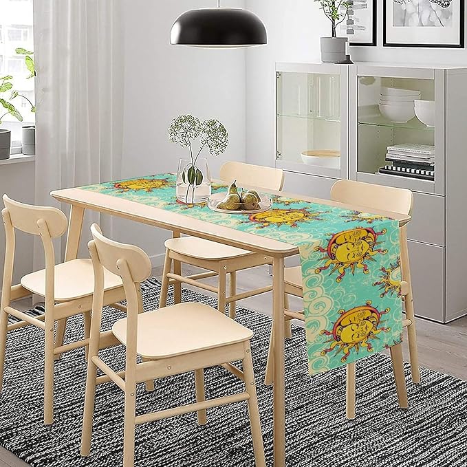 Retro Sun Moon Table Runner, Phase of The Moon Vintage Cloud Table Runner for Kitchen Dinner Living Room Table Runner Yellow Floral, 13x120 Inch Yellow Blue