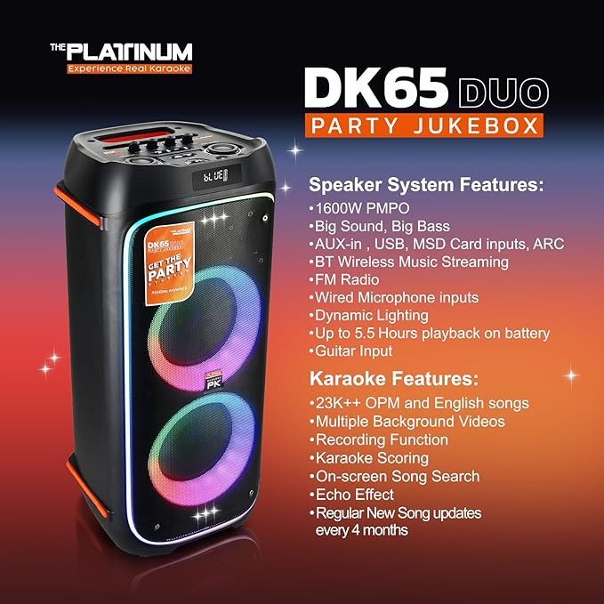 The Platinum DK65 Bluetooth Party Speaker, Karaoke Machine for Adults with 2 Wireless Microphones and Powerful bass & subwoofer, RGB Lights, Features Over 23k Songs for Outdoor & Home