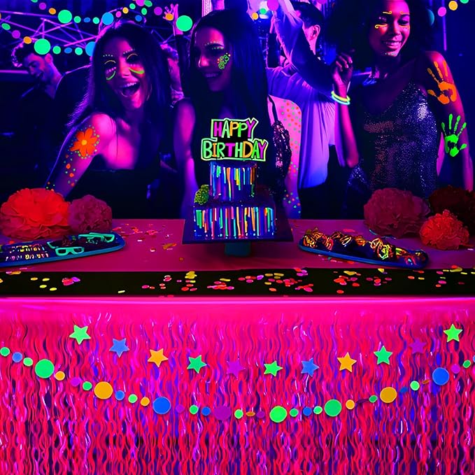 Mega-L Glow in The Dark Party Supplies, 2 Pack Neon Party Decorations Fluorescent Macaron Fuchsia Wavy Metallic Tinsel Foil Fringe Table Skirts, Perfect Table Decors for Glow Birthday Decor