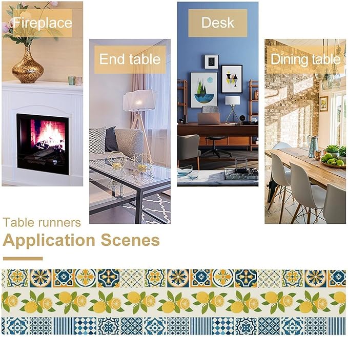 Lemon Table Runner,Watercolor Blue Fruits Green Leaves Print Table Cloth Kitchen Dining Table Home Party Decoration 13x36 Inch