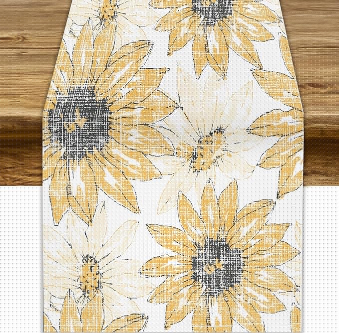 Chrysanthemum Vintage Floral Table Runner, Elegant Grunge Orange Sunflower Spring Summer Elegant Pattern Artichokes Flower Table Runner for Party Kitchen Dining Living Room Decor, 13x120 Inch