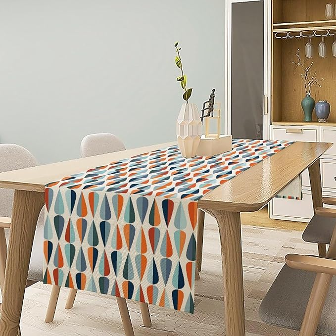 Mid Century Table Runner, Modern Style Retro Pattern Droplet Shapes Mosaic Tones Pattern Print for Home Kitchen Table Decor Dining Coffee Room Party Decor 13x60in