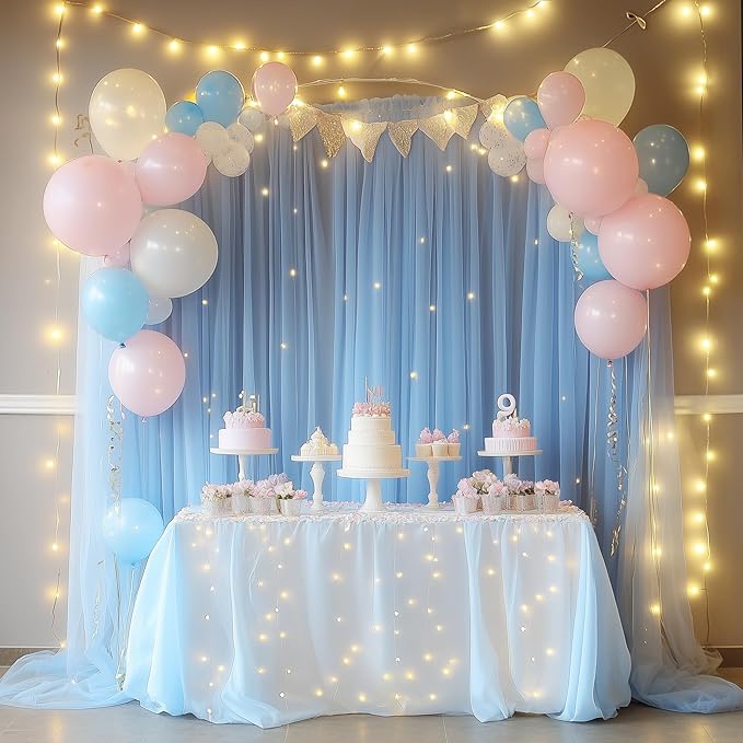 Tulle Backdrop Curtain with Lights String 10FT X 8FT Baby Blue Sheer Tulle Backdrop Curtains for Wedding Birthday Party Reception Photo Booth Background Decorations (2 Panels 5x8FT)