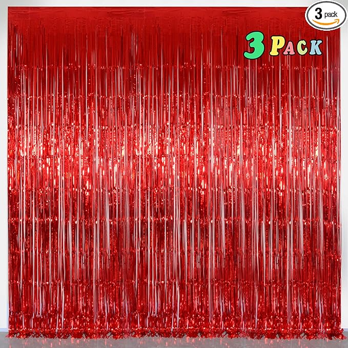 Foil Fringe Curtains Party Decorations - Melsan 3 Pack 3.2 x 8.2 ft Tinsel Curtain Party Photo Backdrop for Birthday Party Baby Shower or Graduation Decorations (Pure red)
