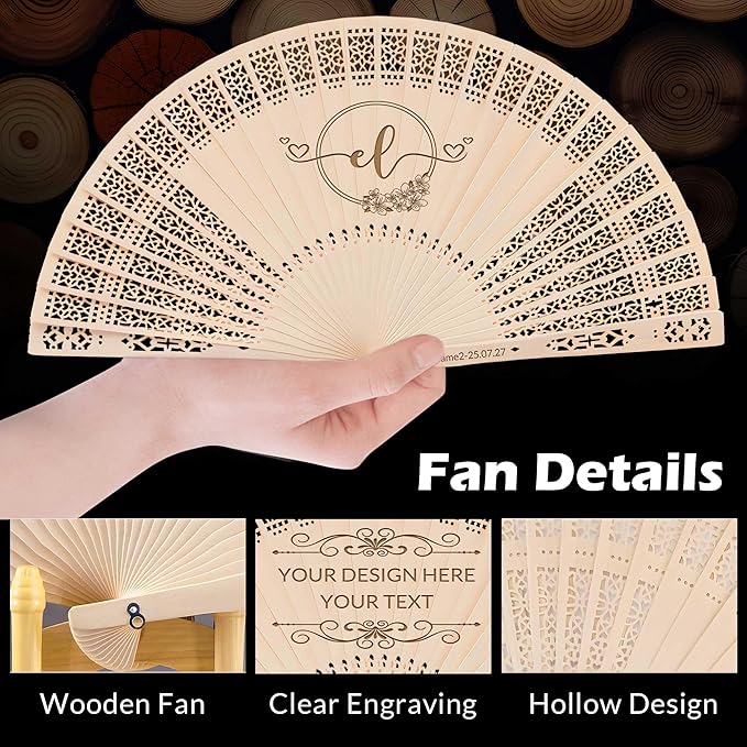 50 PCS Custom Fans Personalized Folding Fans for Line Dancing Wooden Hand Fan Wedding Favors Bulk Fans for Guests Party Event Use (Style07)