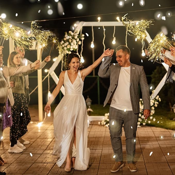 100 Pcs Lighted Wedding Wands LED Tinsel Wands Light up Streamers Sparklers for Wedding Send Off and Exits Birthday Party Props Favors(Gold)