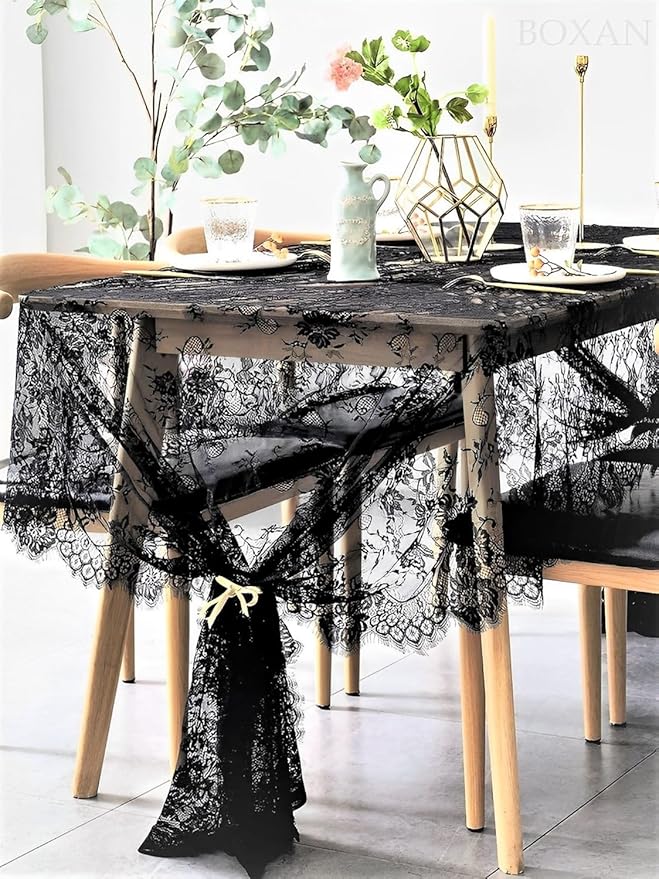 BOXAN Black Lace Tablecloth Overlay Rose Vintage Embroidered, Romantic Boho Wedding Reception Table Decor, Baby & Bridal Shower Décor, Elegant Chic Outdoor Tea Party Tablecover -120" x 60" Rectangular