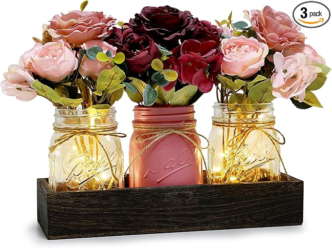 Mason Jar Lights Centerpiece for Table, Mason Jar Centerpiece Decor for Dining Room Farmhouse Coffee Table Decor with Wood Tray Fairy Lights Peony Flowers for Kitchen Living - Burgundy Pink