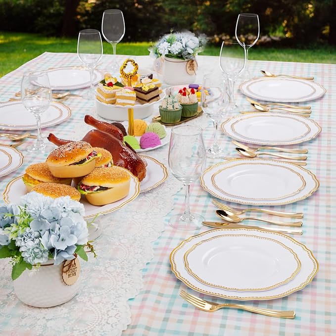Hioasis 60pcs Gold Plastic Plates - White and Gold Disposable Dinnerware with Gold Rim, Heavy-duty, 10.25 inch, Dinner Plates for Party & Wedding