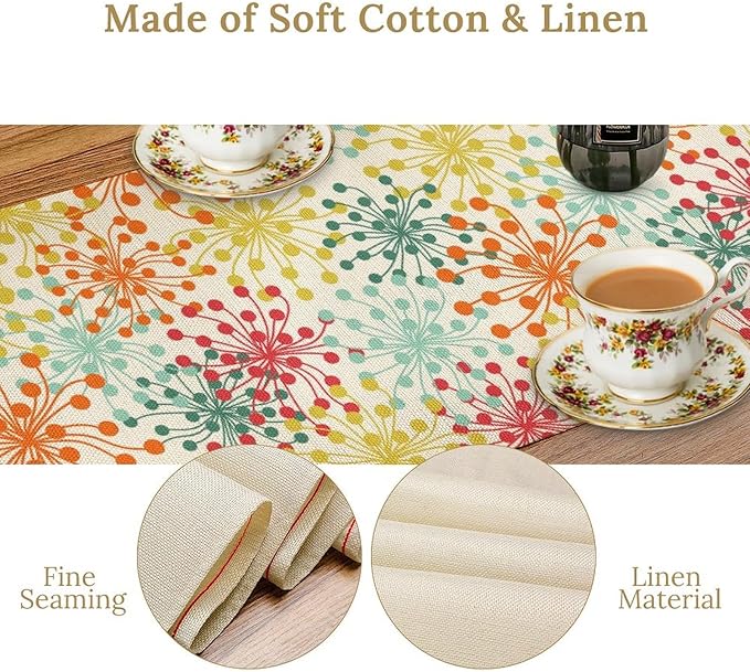 Mid Century Flower Table Runner, Colorful Geometric Abstract Chrysanthemum Vintage Farmhouse Decorations Orange Yellow Gray Table Runner for Kitchen Dining Holiday Party Decor, 13x60 Inch