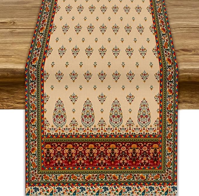 Boho Paisley Table Runner, Vintage Western Brown Dark Red Beige Flowers Leaves Print Table Runner for Kitchen Dining Table Wedding Holiday Party Decor, 13x90inch