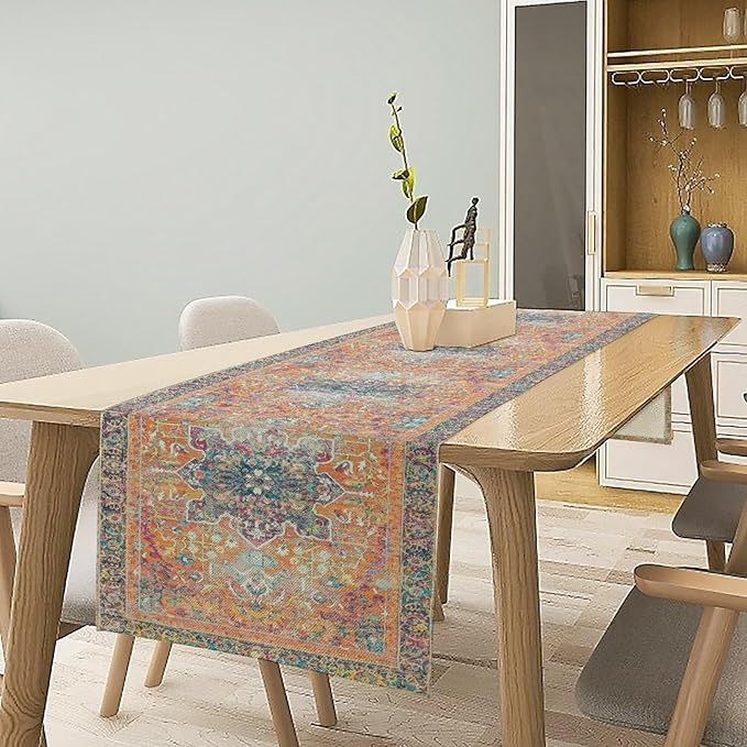 Boho Floral Vintage Table Runner, Orange Retro Flower Rustic Country Farmhouse Abstract Pattern for Home Kitchen Table Decor Dining Coffee Room Party Decor 13x36in
