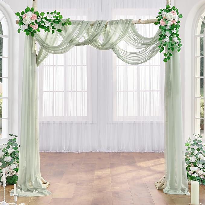 Sage Arch Drapes for Wedding Arch Draping Fabric Sheer Backdrop Curtain for Ceremony Bridal Party Decor 19Ft Length x 28" Width 4 Panels