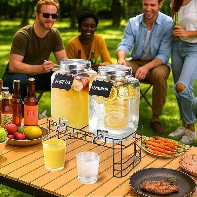 2 Gallon Glass Drink Dispenser for Parties, 2 Pack Beverage Dispenser with Stand, Lemonade Dispenser with 18/8 Stainless Steel Spigot, Leakproof for Sun Tea, Juice, Picnic, BBQ & Bars