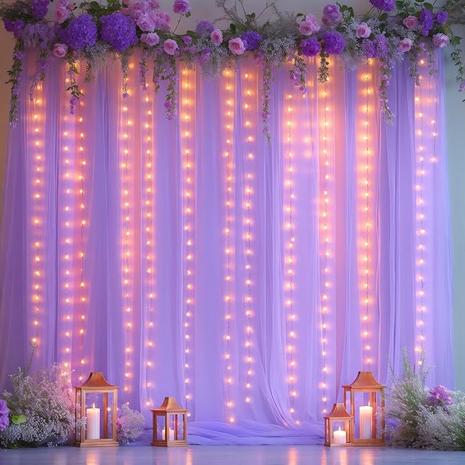 20x8ft Lavender Tulle Backdrop Curtains with Lights for Party Wedding Baby Shower, Sheer Drape Backdrop Curtains for Birthday Party Photo Booth Background Decoration