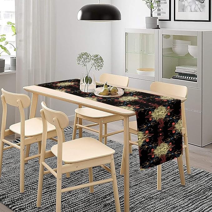 Boho Moon Lion Table Runner, Chinese Fish Phase of The Moon Sun Moon Table Runner for Kitchen Dining Table Home Party,13x70 Inch Black Red
