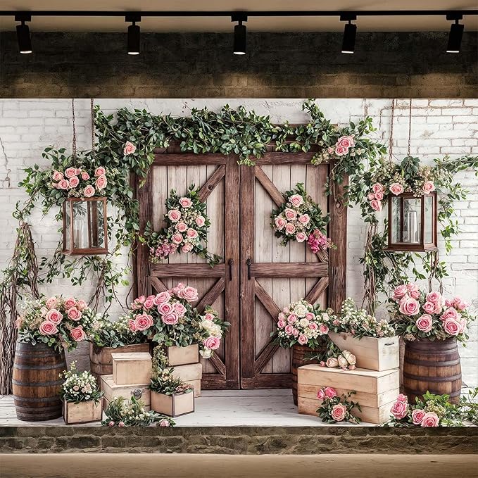 5x4ft Country Wedding Photography Backdrop Floral Rustic Roses Farmhouse Wooden Door Backdrop Pink Flower Birthday Baby Shower Wedding Bridal Party Banner Photo Booth Props Anniversary Background