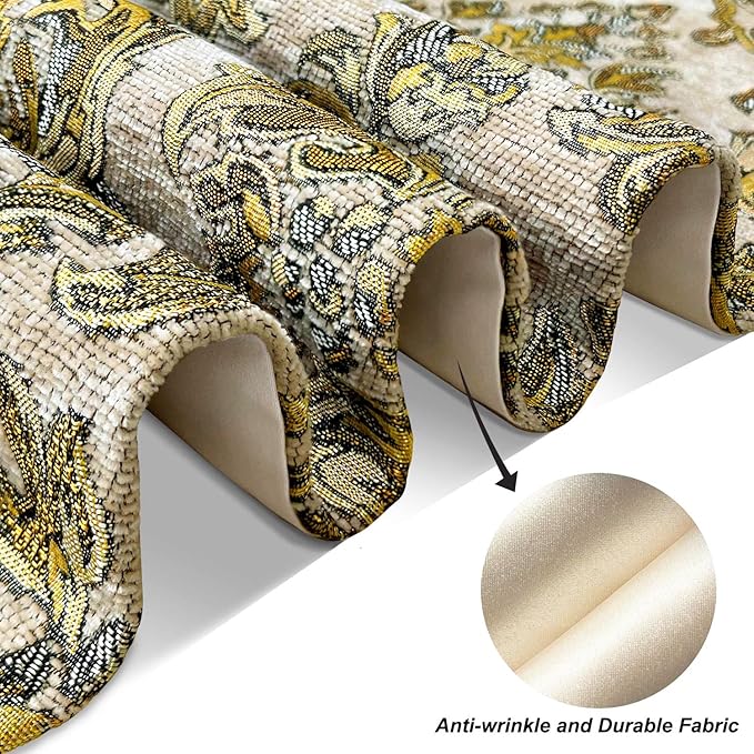 13x108 inch Exquisite Gold Floral Jacquard Table Runner Thick Beige Chenille with Elegant Tassels
