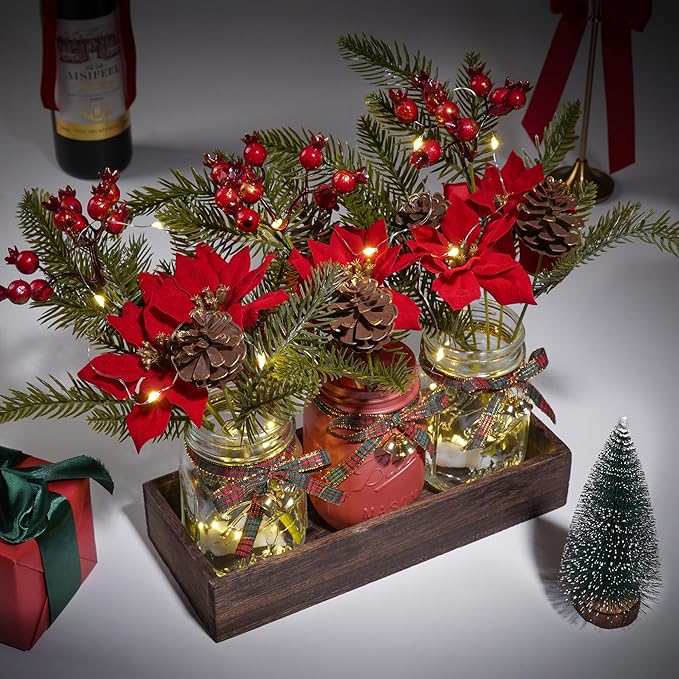 3 Pcs Mason Jar Centerpiece Decorations for Christmas Table Decor Farmhouse Coffee Table Decor Christmas Kitchen and Room Decor,Red