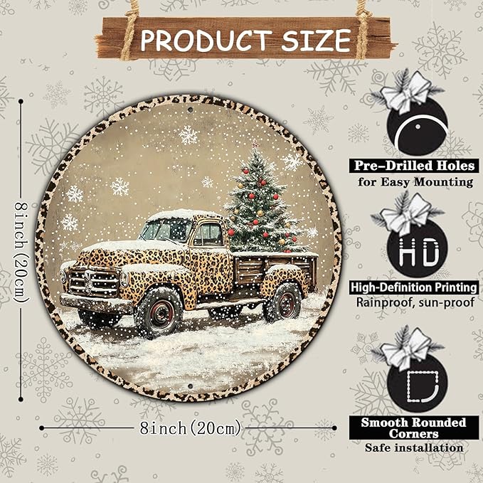 Round Leopard Truck Metal Tin Sign Rustic Wall Decor Christmas Wreath Sign Christmas Wreath Door Hanging Wall Decoration Bar Home Round 8 * 8 in