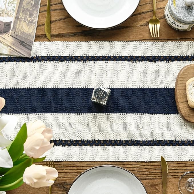 Artoid Mode Dark Blue Farmhouse Woven Rustic Table Runner, Seasonal Holiday Hollow Kitchen Dining Table Decoration for Home Party Decor 12x108 Inch