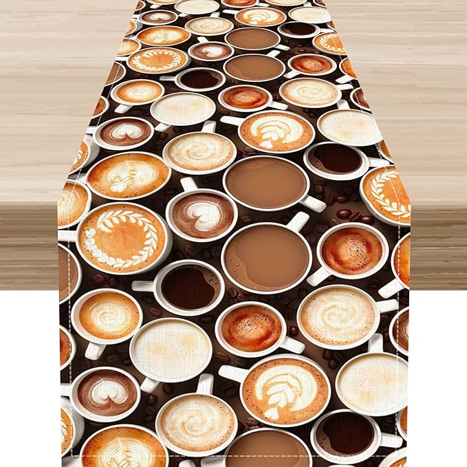 Coffee Theme Table Runner, Farmhouse Coffee Cup Latte Cappuccino Tea Party Rustic Cafe Table Center Decor for Home Kitchen Dining Patio Holiday Party Indoor Outdoor Table Decorations,13"x36" Inch
