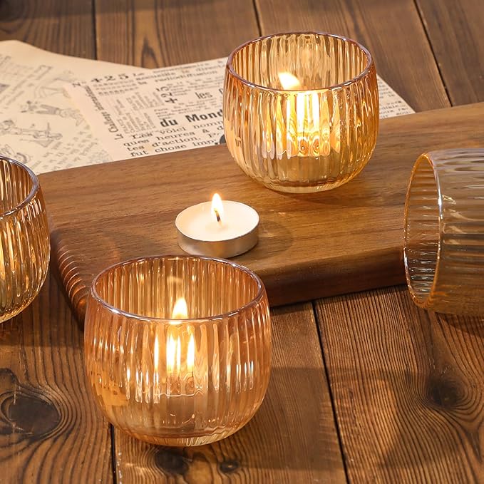 Set of 6 Ribbed Glass Votive Candle Holders, Gold Glass Tealight Holders for Taper Candles - Elegant Table Centerpieces for Weddings, Christmas, Parties, and Home Decor
