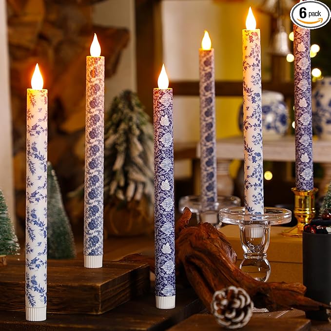 Baquler 6 Pcs Christmas Chinoiserie Flameless Candles 10.6 Inch Blue and White Battery Operated Led Candlesticks Chinoiserie Decor for Christmas Centerpiece Xmas Party Decor Holiday Gifts