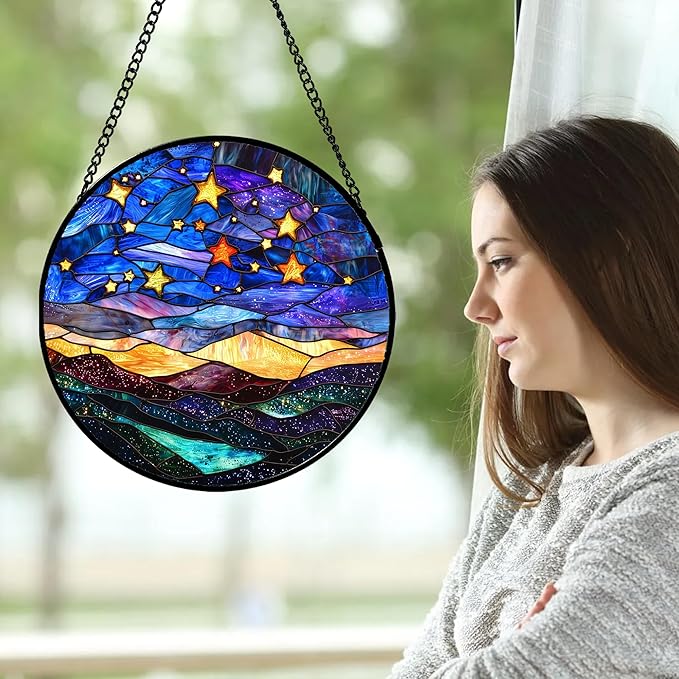 Stained Glass Window Hanging, Blue Sky Gold Stars Abstract Landscape Suncatcher for Doors Window Home Sun Catchers Decor Mother's Day Birthday Gifts for Women, Men Mom 6.3 in