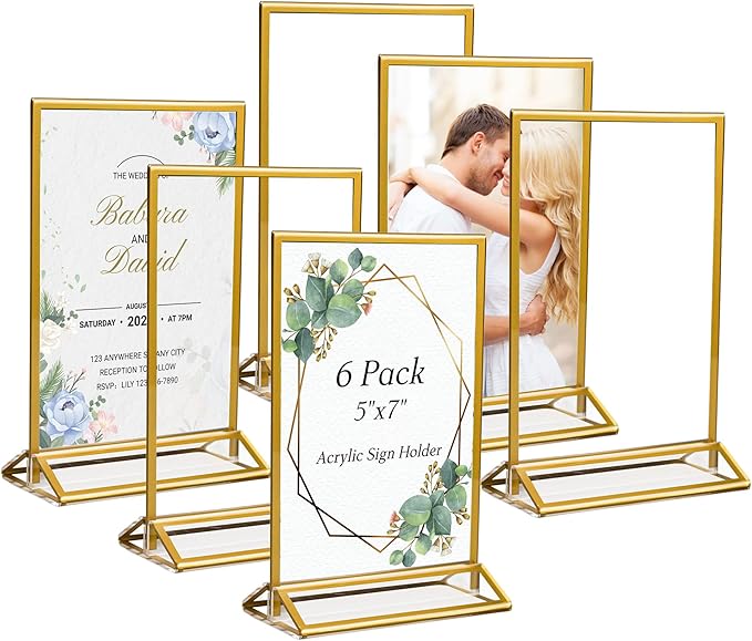 6 Pack Acrylic Sign Holder 5x7" Photo Frames, Double-sided Clear Menu Holder Gold Picture Frames for Wedding Table Numbers, Table Top Display Sign Stand Plastic Flyer Holder Vertical Paper Holder