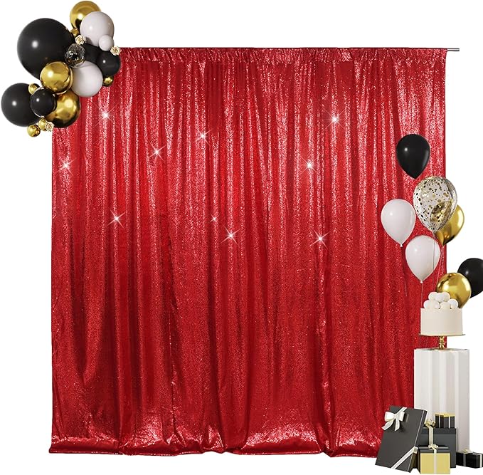 SquarePie Sequin Backdrop Curtain Less See Through Background for Wedding Christmas Party(8FT x 8FT, Red)