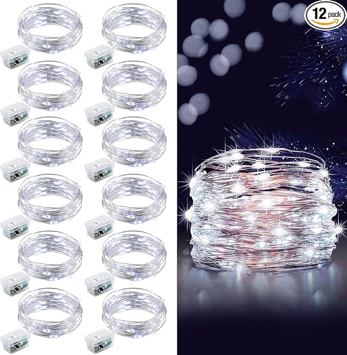Aogist 12 Pack Fairy Lights 3 Modes 7ft 20 LED Waterproof,Battery Operated Silver Wire Firefly Starry Moon Mini String Lights for Mason Jars Christmas DIY Crafts Wedding Party Bedroom,White