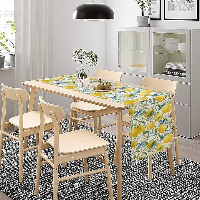 Lemon Table Runner,Watercolor Fruit Green Leaves Spring Summer Table Cloth Kitchen Dining Table Home Party Decoration 13x108 Inch