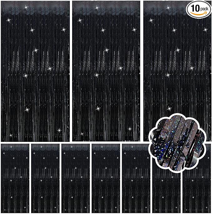 10 Pack Black Streamers Backdrop Tinsel Foil Fringe Curtains Party Decorations Birthday Wednesday Graduation Wizard Party Decorations for Men