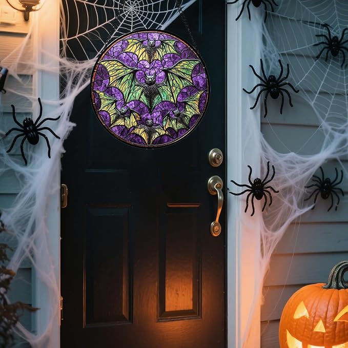 Stained Glass Window Hanging - Halloween Decorations Bats Suncatcher for Doors Garden Indoor Spooky Funny Purple Sun Catchers Gothic Decor Horror Gifts for Women Men Friend 11.8 in