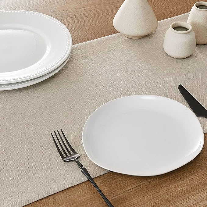 ZeeMart Linen Textured Border Table Runner, 14 x 48 Inch Natural, Farmhouse Style Neutral Table Runners 48 Inches Long, Easy Care Everyday Polyester Table Runner