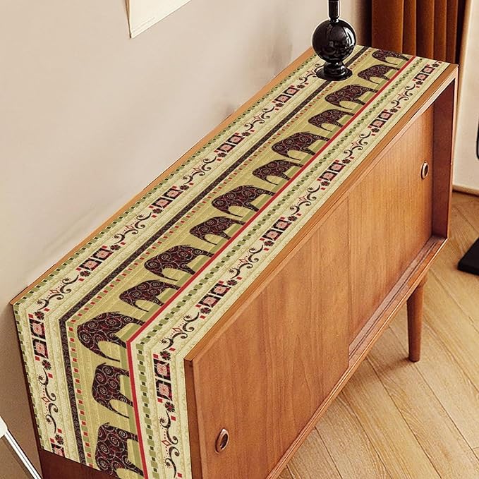 Boho Elephant Table Runner, Vintage Tribal Traditional Bohemian African Animals Ethnic Folk Table Center Decor for Home Kitchen Dining Patio Holiday Party Indoor Table Decorations, 13"x108" Inch
