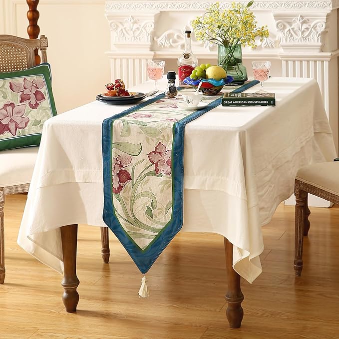 patdrea Designer Elegant Bright Linen Extra Long Table Runner 118 Inch Long, Mauve Iris Floral Pattern Table Mat, Decoration for Kitchen Dining Coffee Table Cabinet Banquet Christmas ,12"*118"