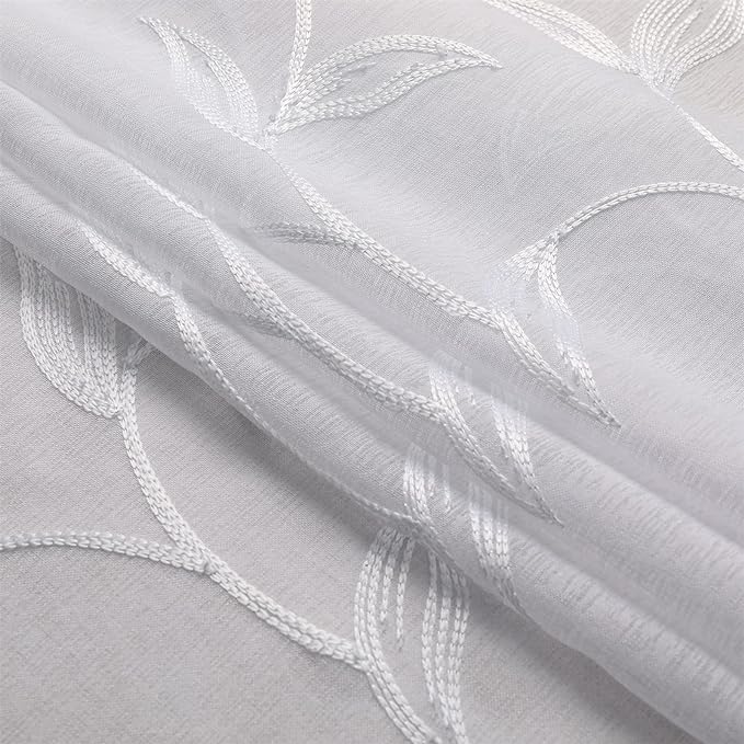 VISIONTEX White Sheer Voile Curtains, Decorative White Embroidery Faux Linen Rod Pocket Window Drapes for Home Kitchen, Living Room and Bedroom 54 x 84 Inch, Set of 2 Curtain Panels