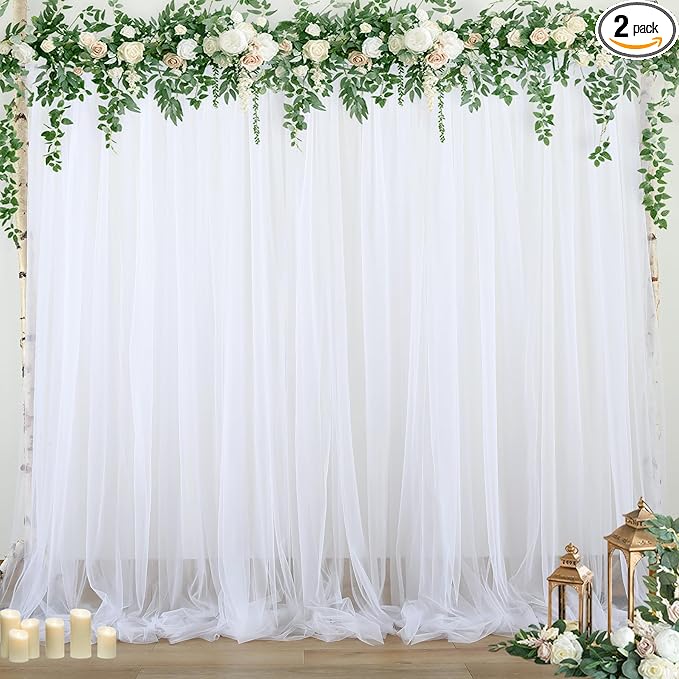 White Backdrop Curtain for Parties 10 ft x 10 ft Sheer Tulle Backdrop Drapes for Wedding Ceremony Birthday Baby Shower Ceiling Drapes Christmas Photo Backdrop Curtain Decorations 2 Panels 5ft x 10ft